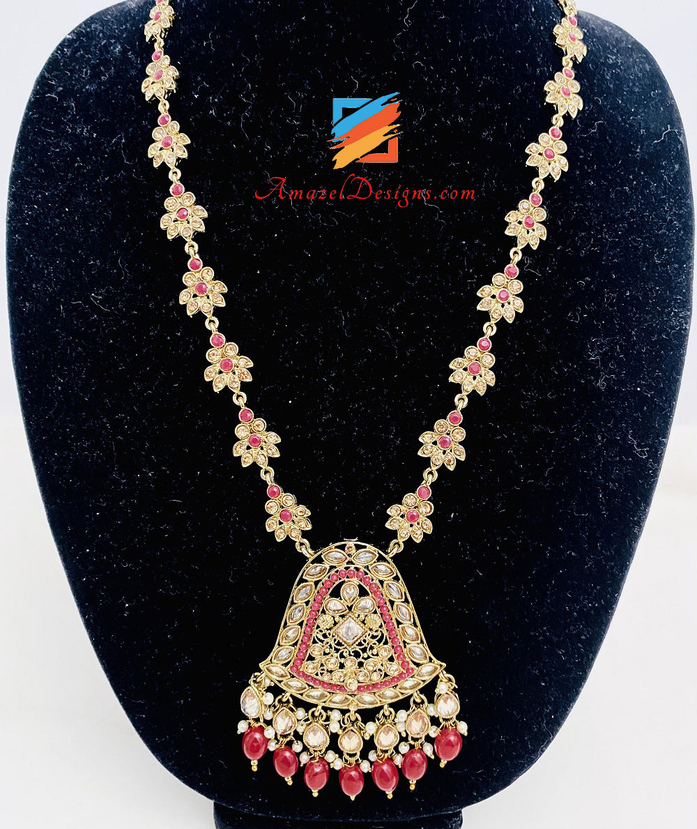 Ruby Polki Long Mala Earrings Tikka Set