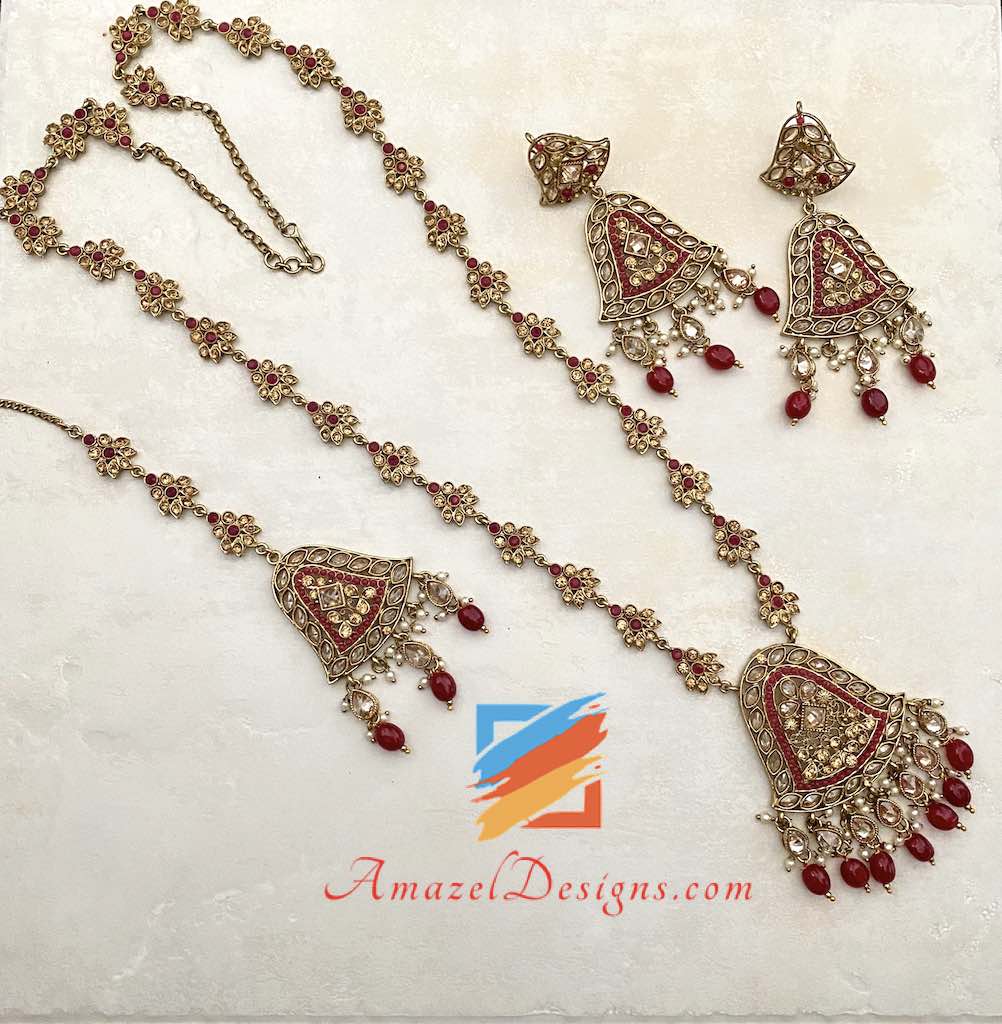 Ruby Polki Long Mala Earrings Tikka Set