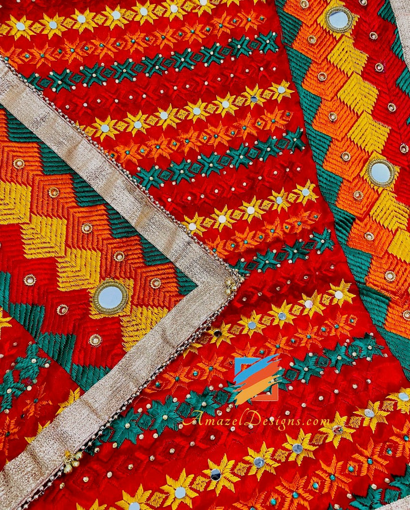 Sheesha Kundan Multicoloured Fulkari with Border and Ghungroo