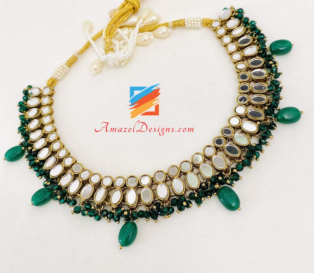 Sheesha Lightweight Green Emerald Necklace/Choker Earrings Tikka Set