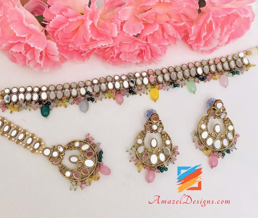 Sheesha Lightweight Multicoloured Necklace/Choker Earrings Tikka Set