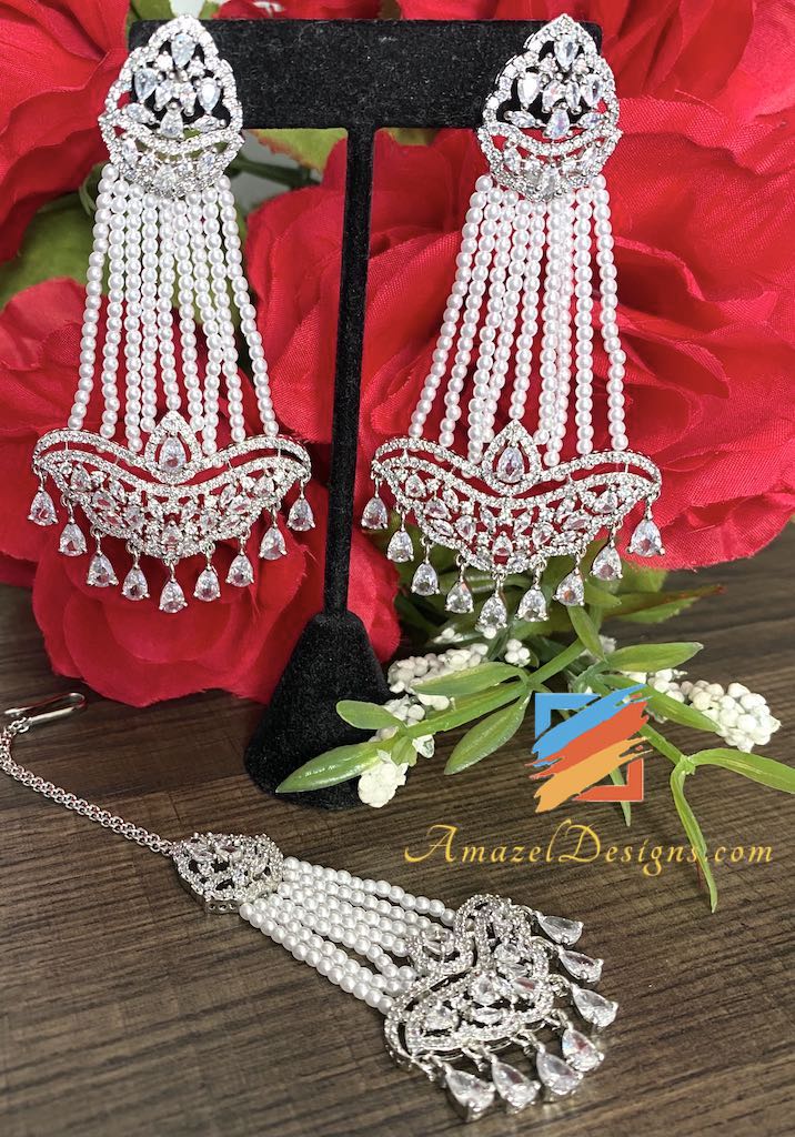 Set Tikka di perline bianche leggere con diamanti americani AD argento