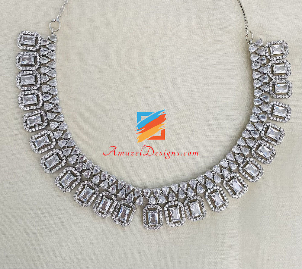 Silver American Diamond AD Necklace Studs Earrings Tikka Set