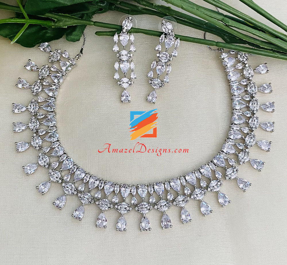 Silver American Diamond AD Necklace And Earrings Set – Amazel Designs