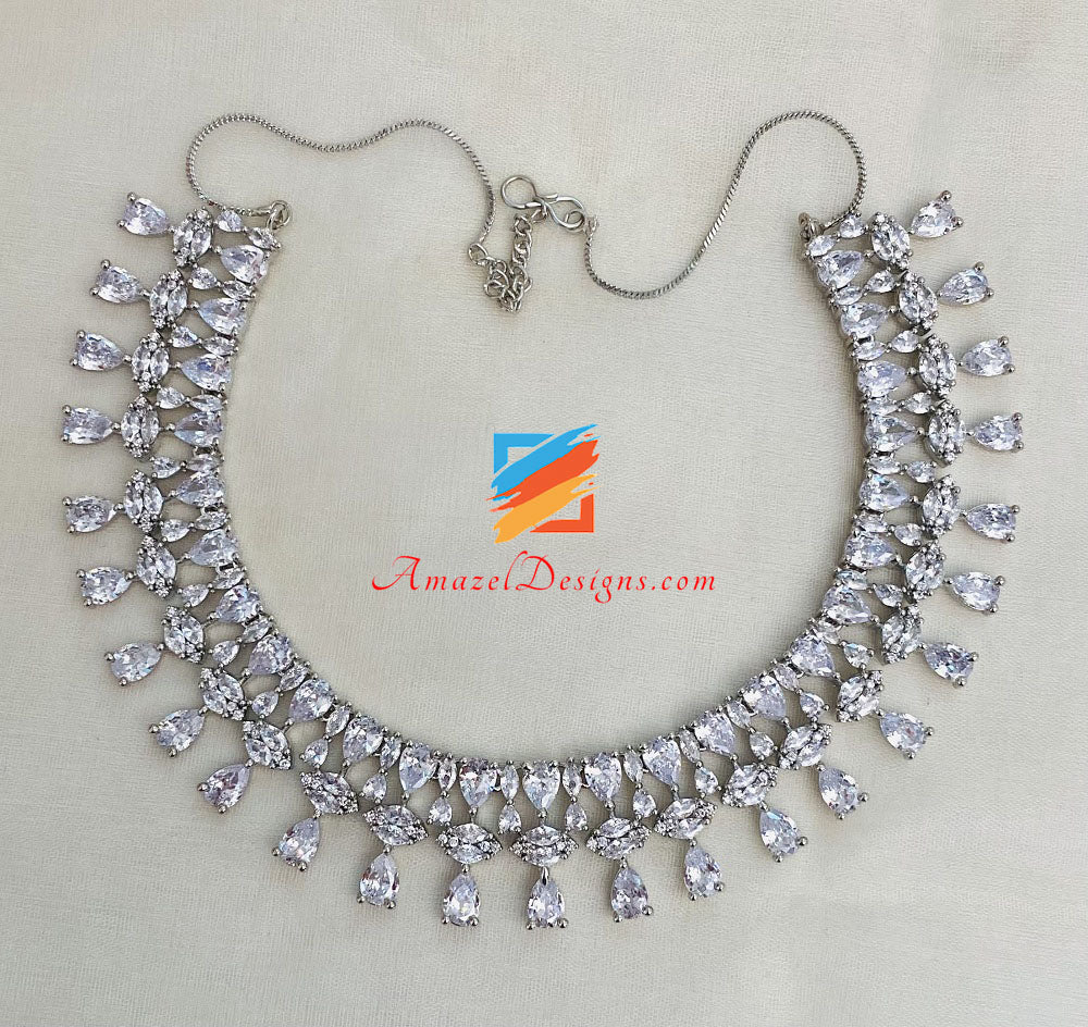 Silver American Diamond AD Necklace And Earrings Set