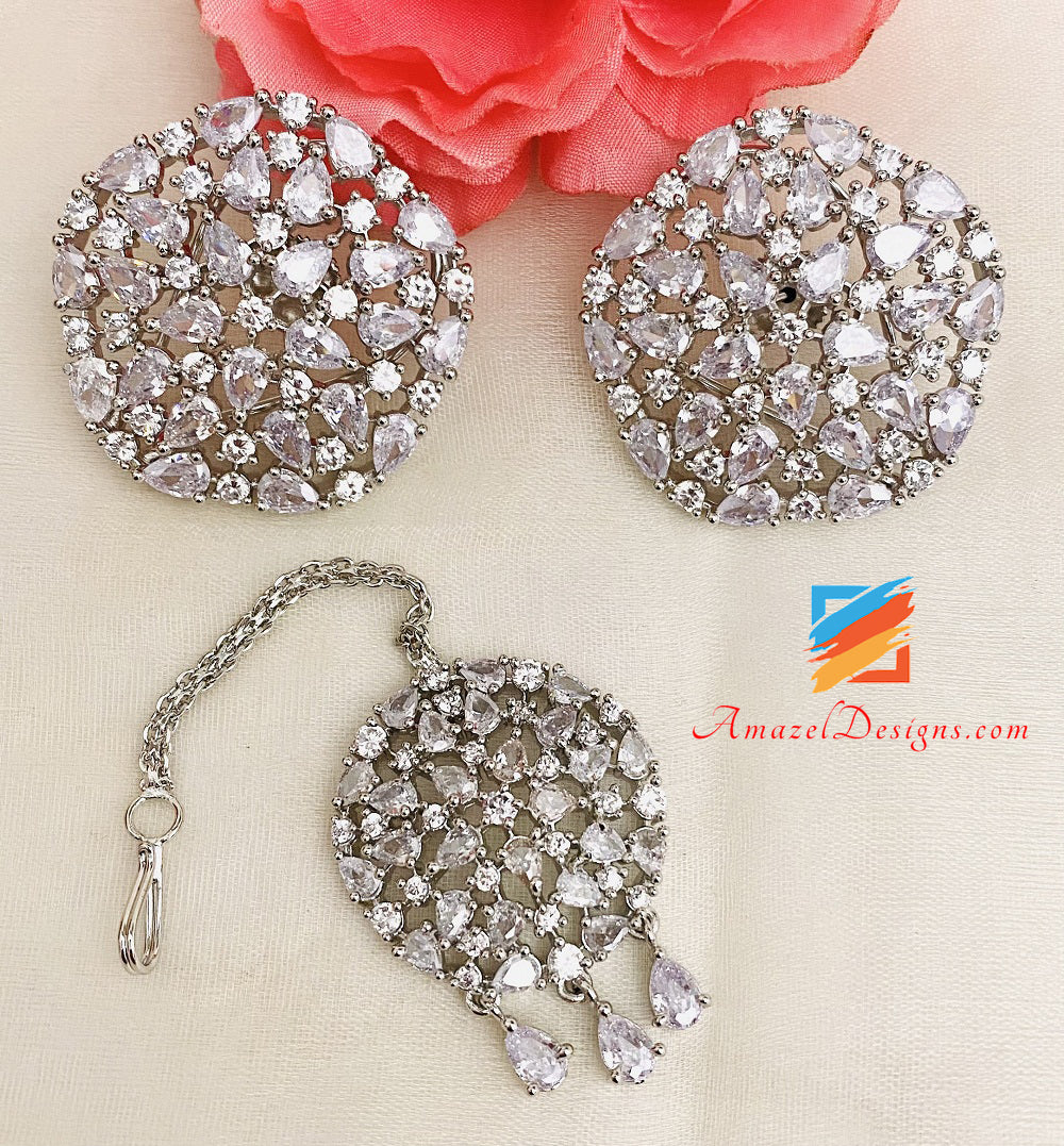 Silver American Diamond Studs Tikka and Single Line Necklace Set
