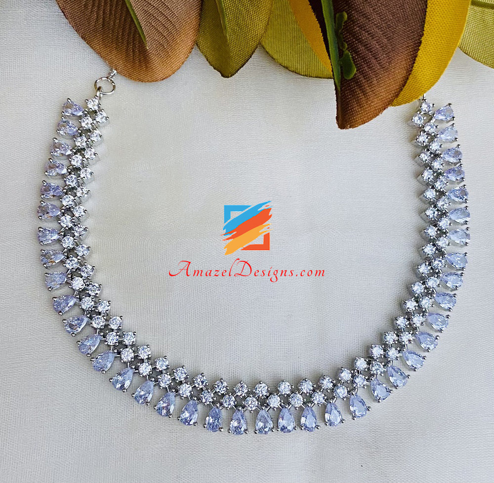 Silver American Diamond Studs Tikka and Single Line Necklace Set