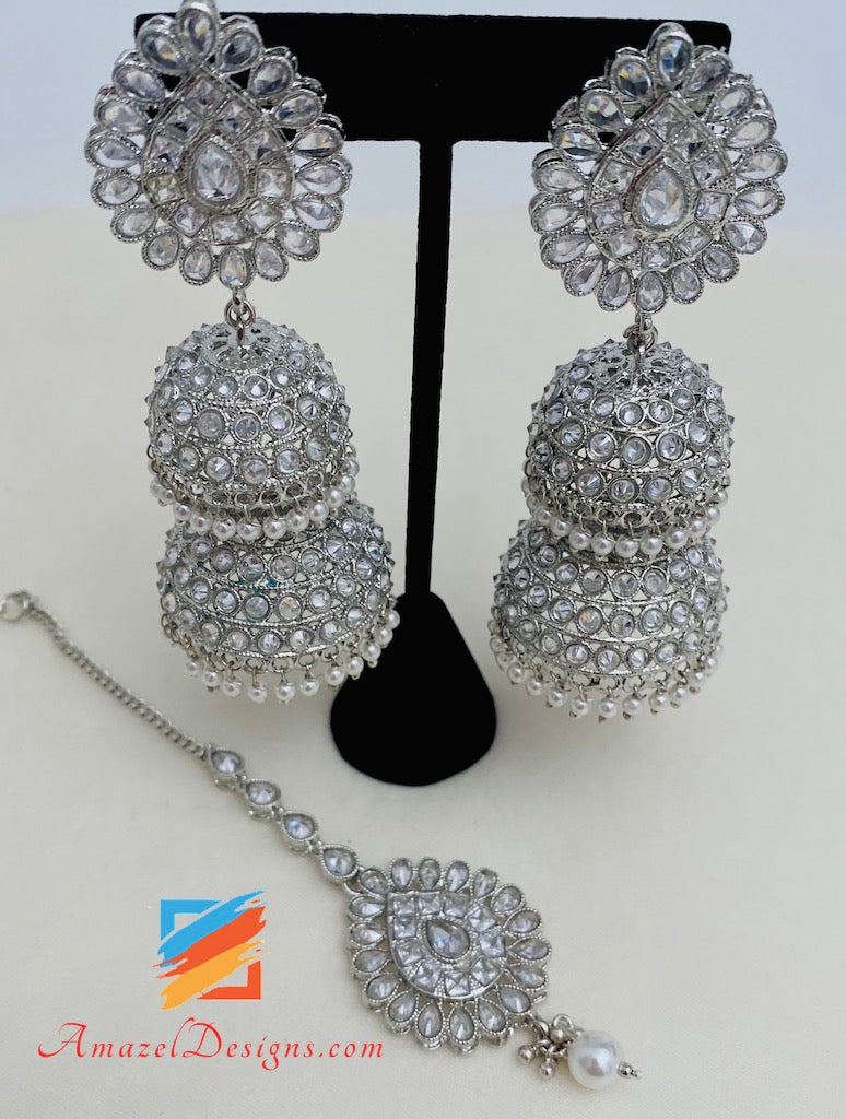 Silver Double Jhumki Polki Earrings Tikka Set – Amazel Designs