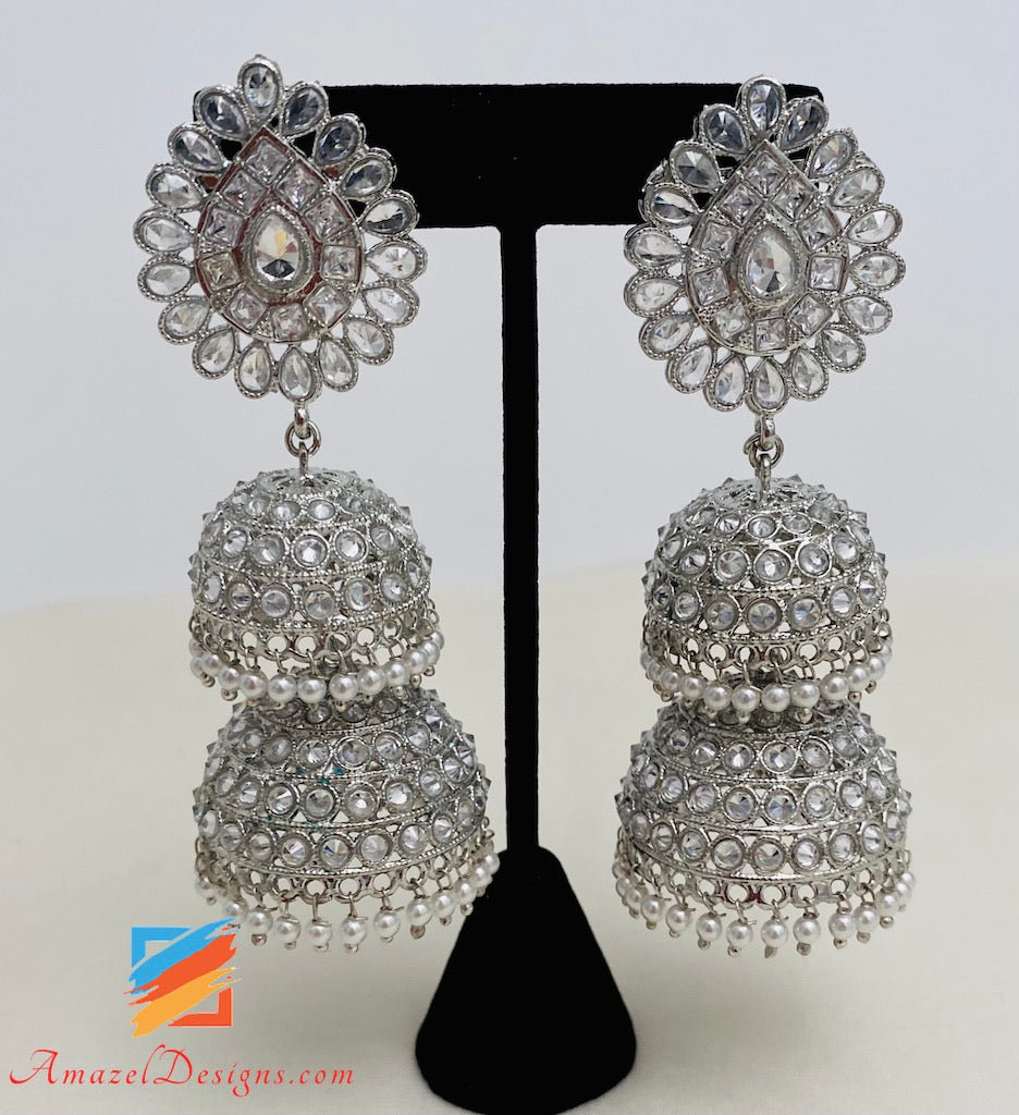 Silber Doppel Jhumki Polki Ohrringe Tikka Set