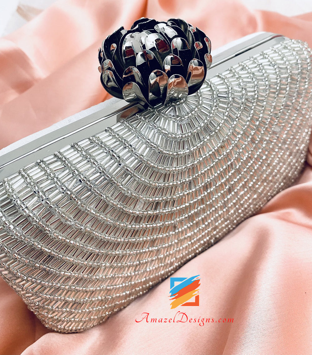 Silver Firoski One Side Nalki Pipe Beads Work Clutch