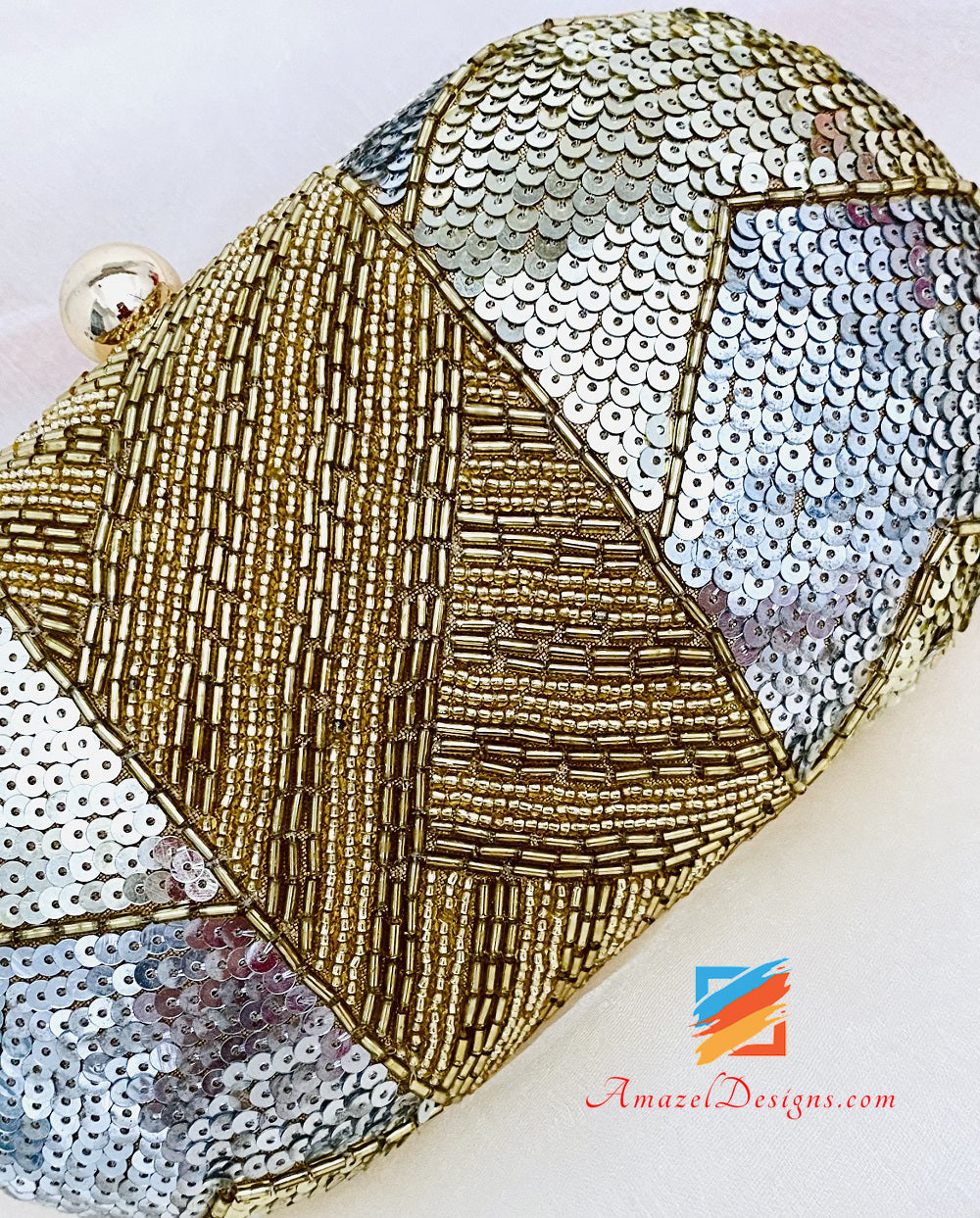 Silver Golden All Over Sitara Nalki Work Oval Clutch