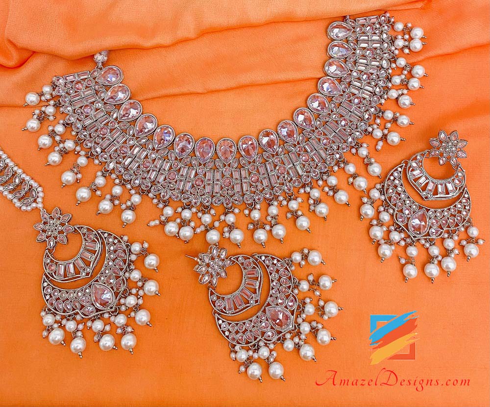 Silver High Quality Polki Necklace Earrings Tikka Set