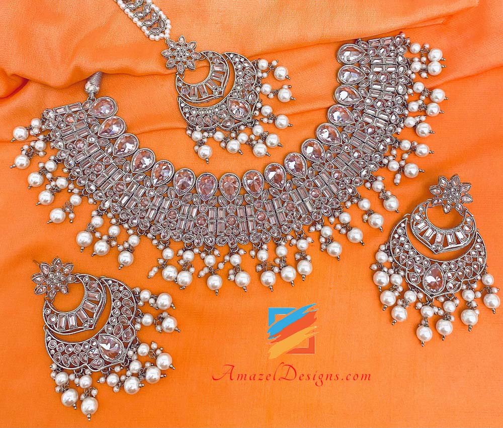 Silver High Quality Polki Necklace Earrings Tikka Set