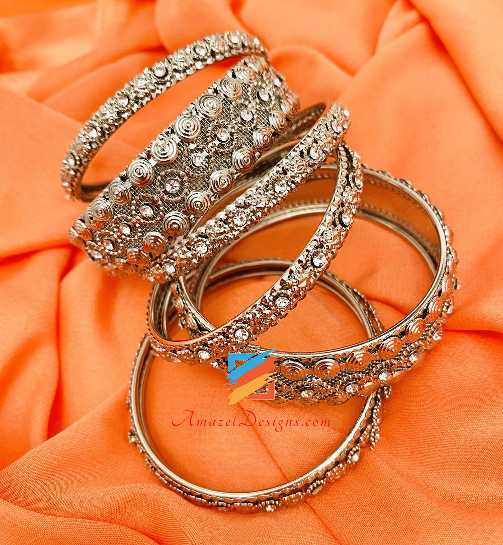 Silver Kada with Stones Bangle Set