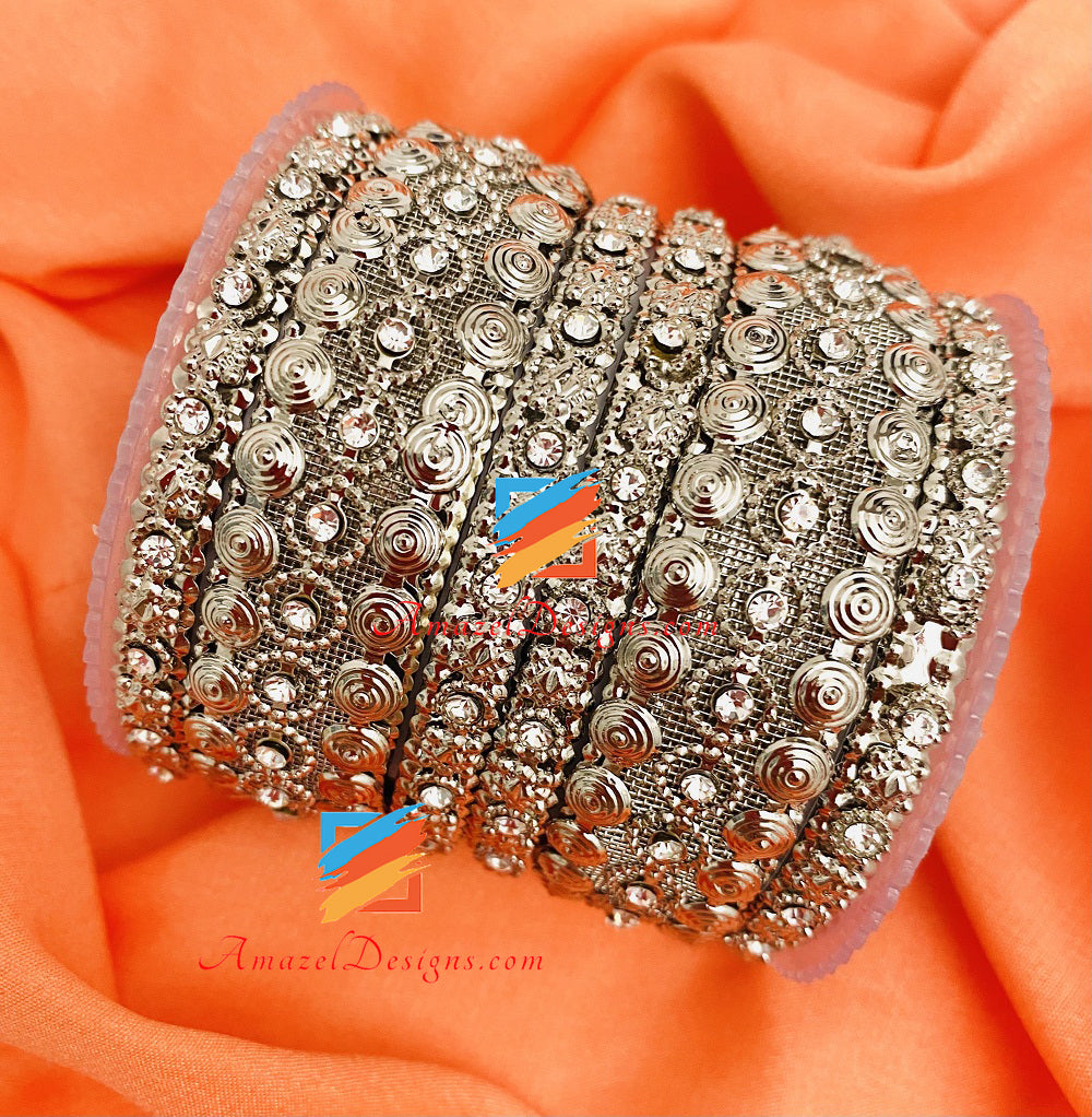 Silver Kada with Stones Bangle Set
