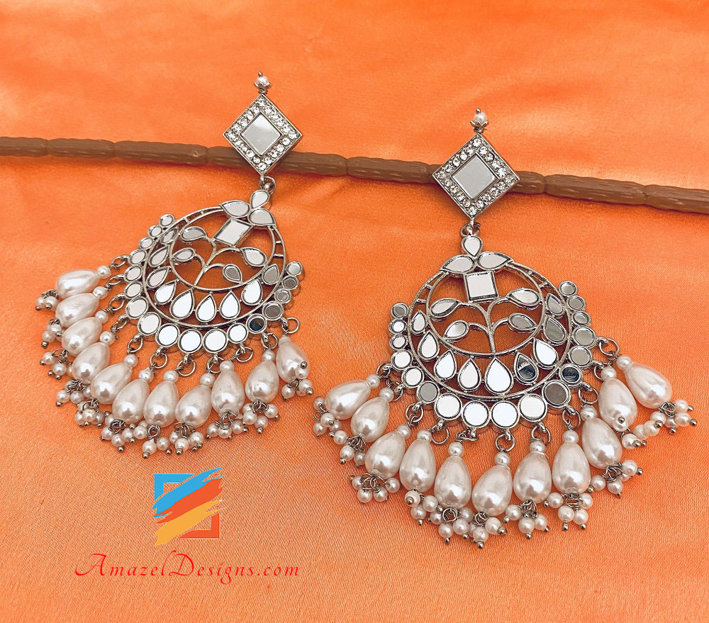 Silver Lightweight Flexible Mirror Necklace Oversized Earrings Tikka Set