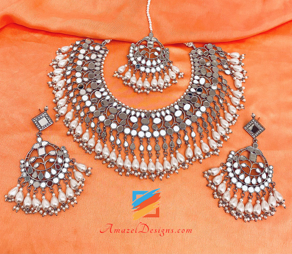 Silver Lightweight Flexible Mirror Necklace Oversized Earrings Tikka S