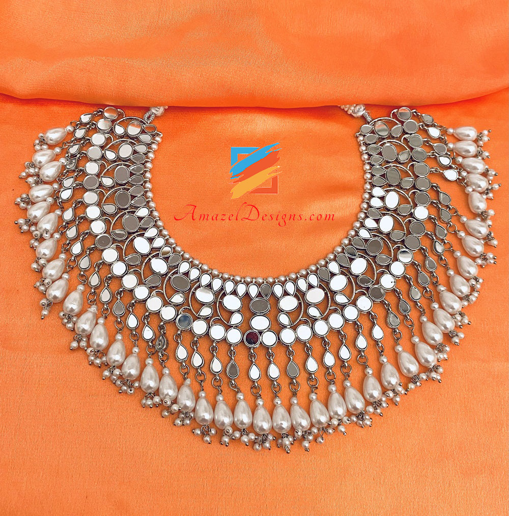 Silver Lightweight Flexible Mirror Necklace Oversized Earrings Tikka Set