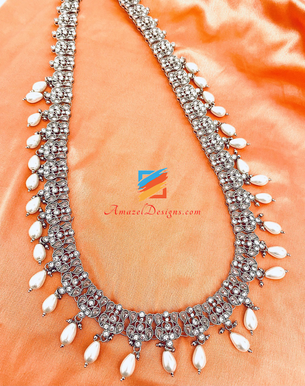 Polki Silver Long Haar With White Pearls Earrings Tikka Set