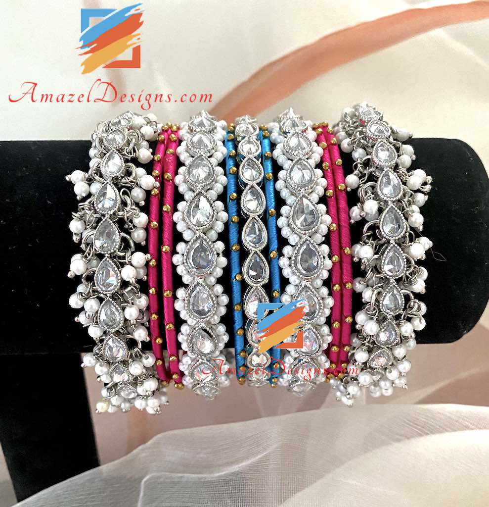 Set di braccialetti in filo di seta a pois con perle d'argento