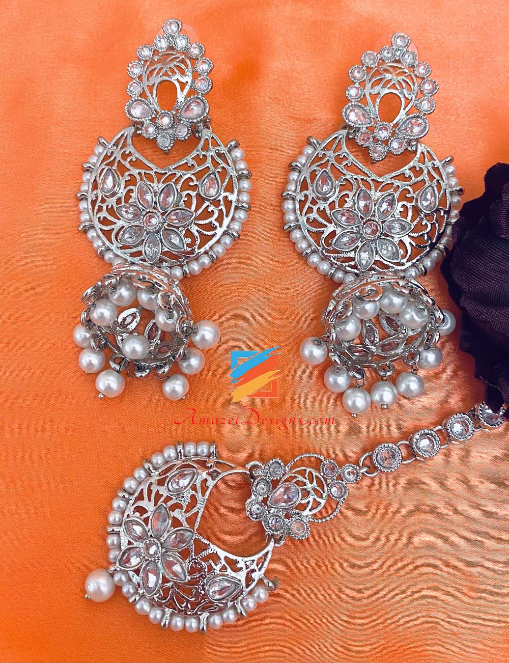 Orecchini Polki In Argento Con Set Jhumki E Tikka