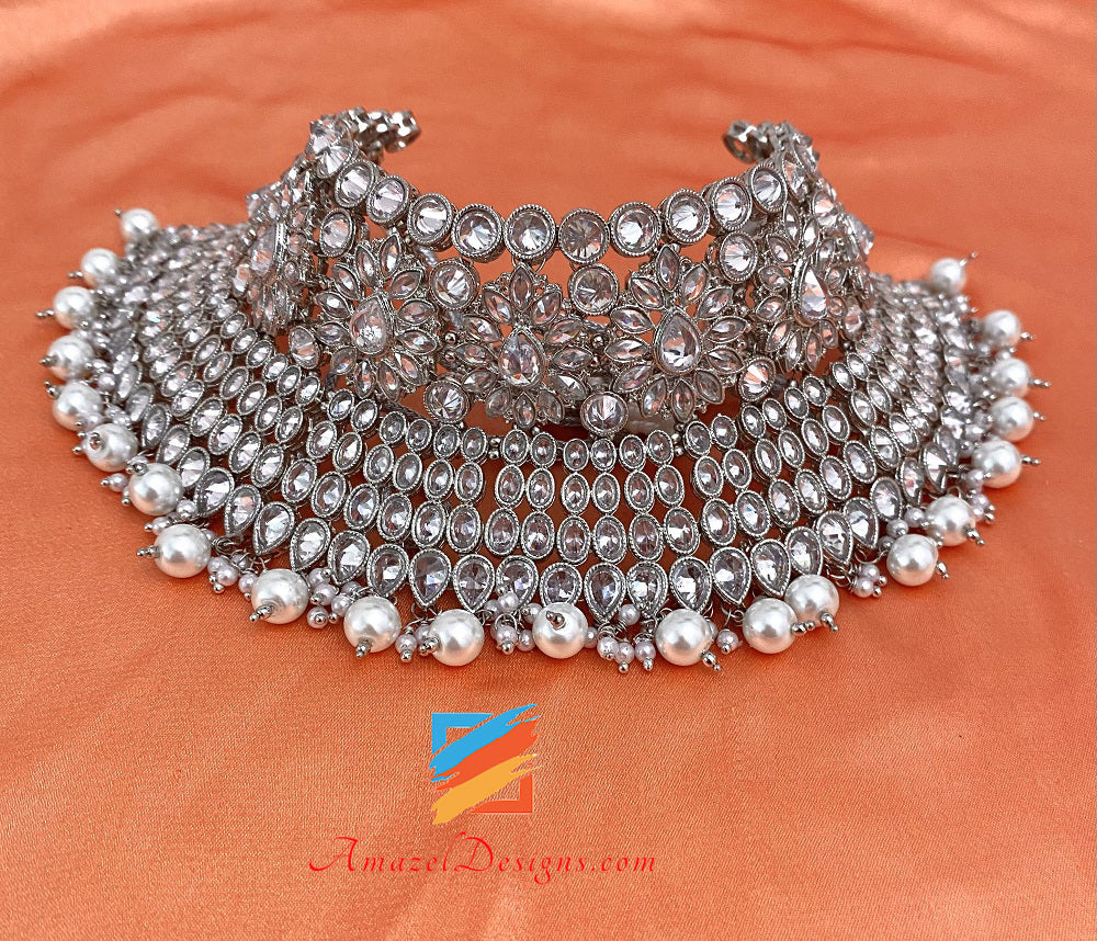 Silver Polki Flexible Necklace Earrings Tikka Jhumer Set