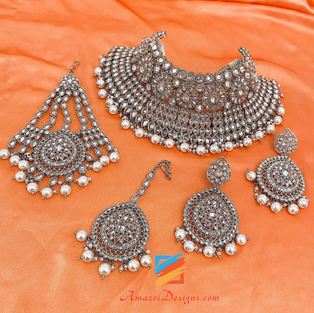 Silver Polki Flexible Necklace Earrings Tikka Jhumer Set