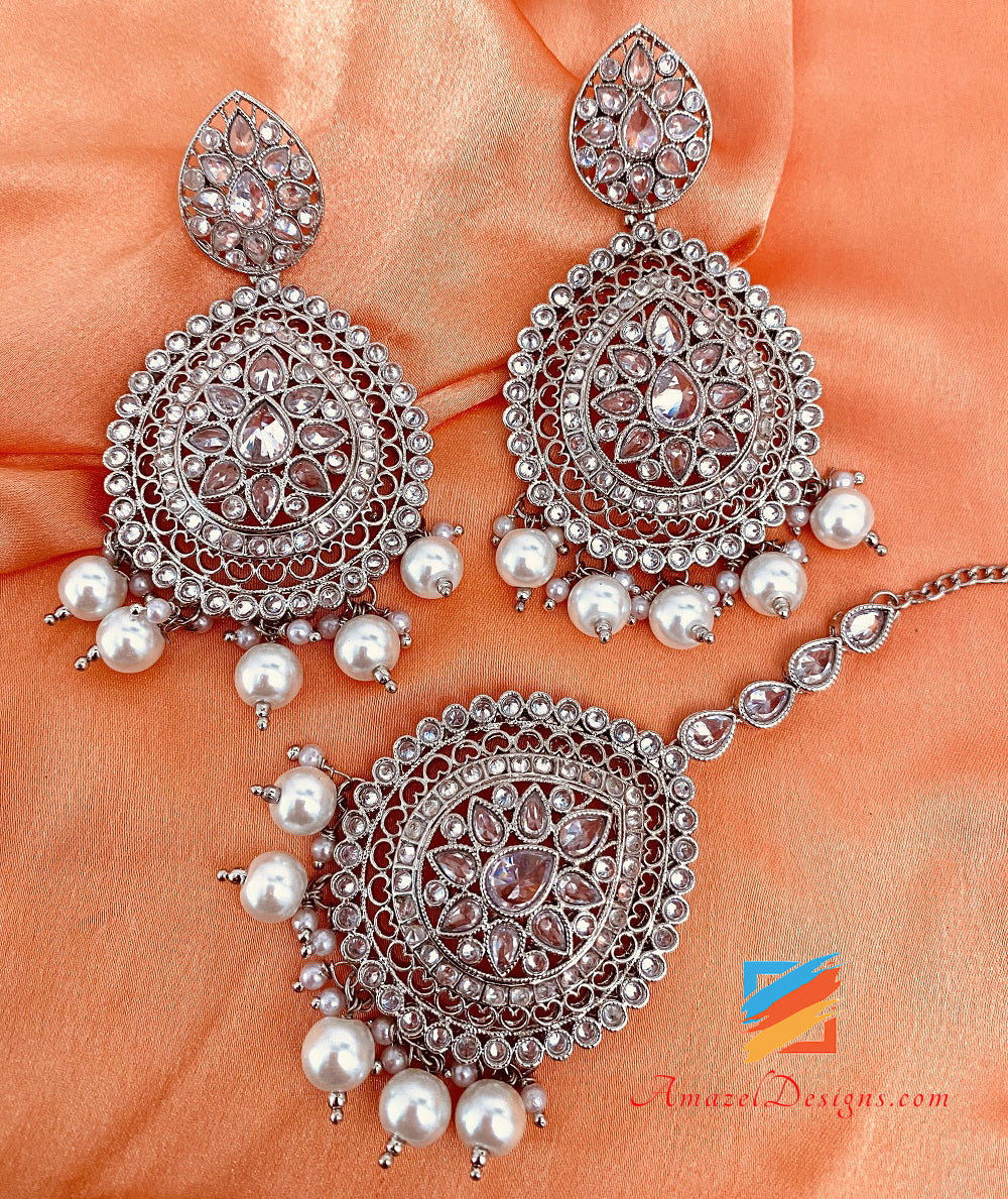 Silver Polki Flexible Necklace Earrings Tikka Jhumer Set