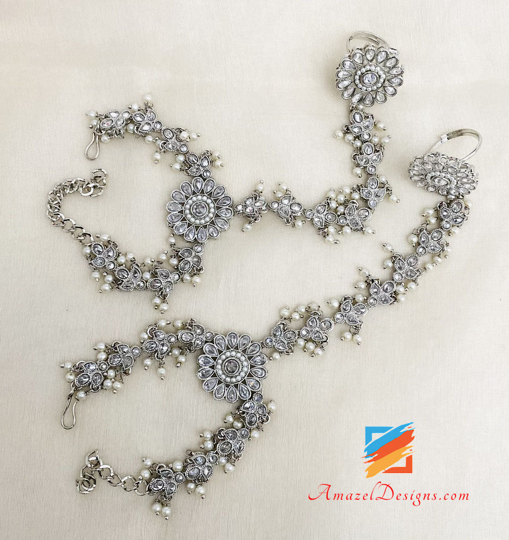 Silver Polki Hand Piece With White Beads