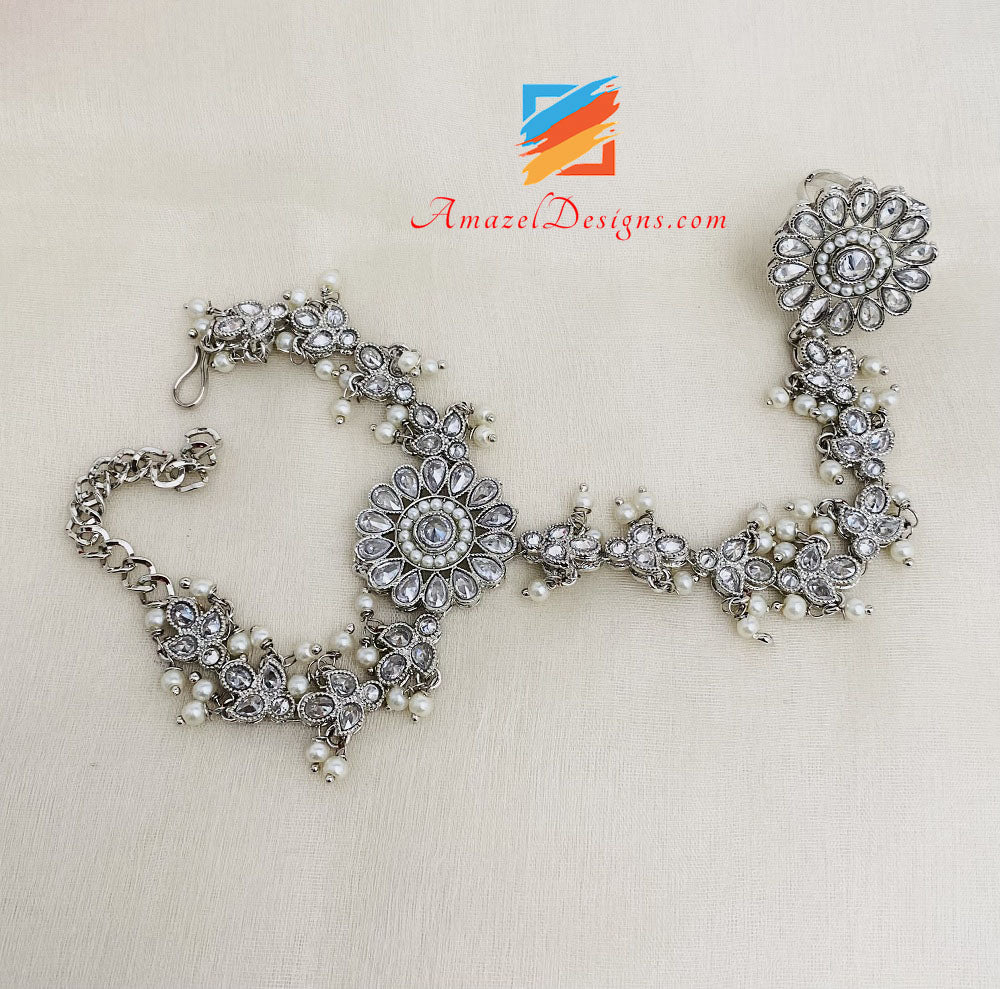 Silver Polki Hand Piece With White Beads