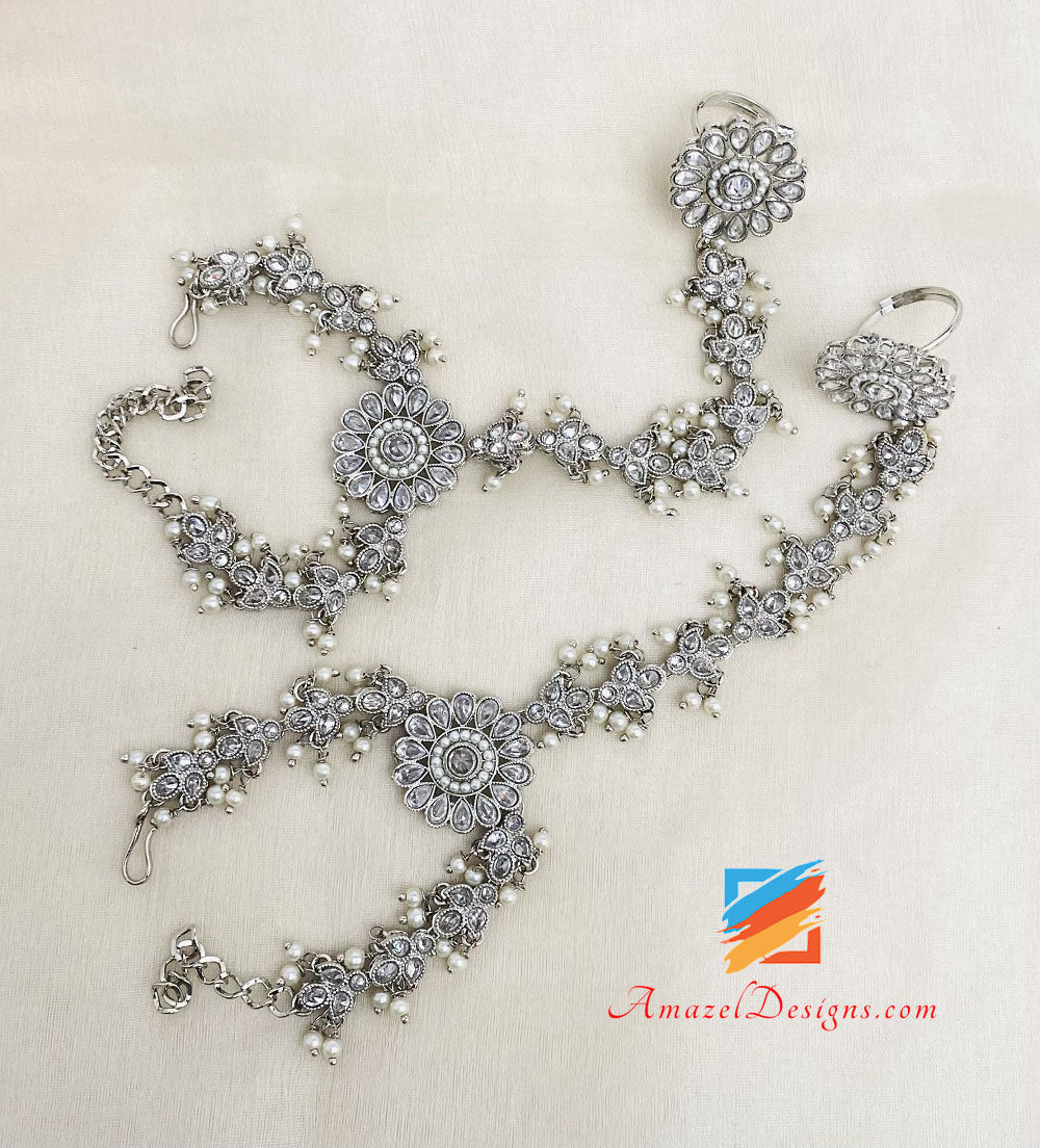 Silver Polki Hand Piece With White Beads