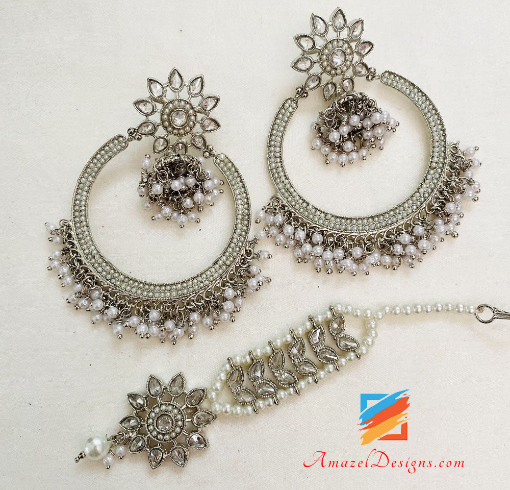 Set Tikka con orecchini lunghi Mala Polki in argento