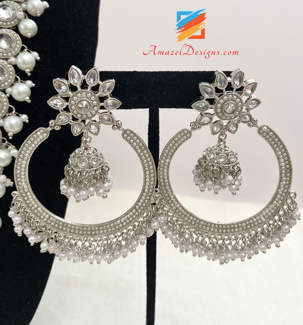 Set Tikka con orecchini lunghi Mala Polki in argento