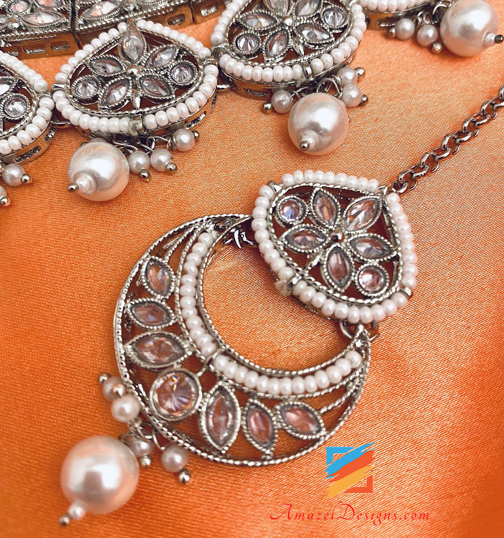 Silver Polki Necklace Chandbali Jhumki Earrings Tikka Set