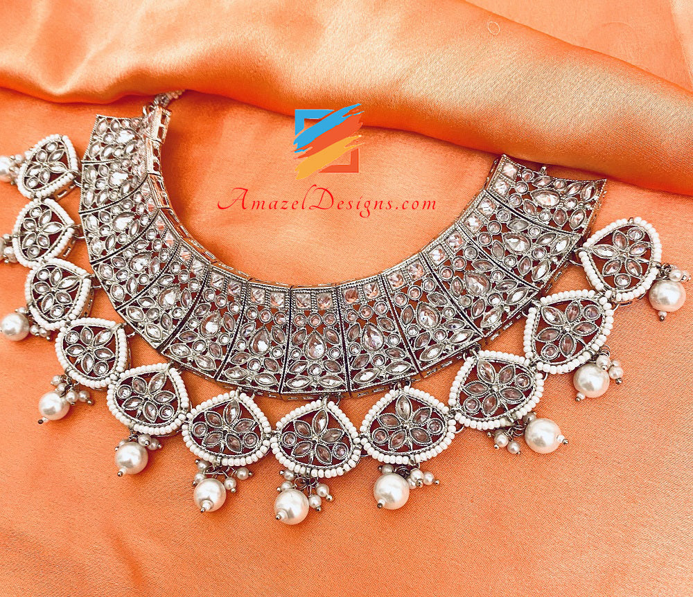 Silver Polki Necklace Chandbali Jhumki Earrings Tikka Set