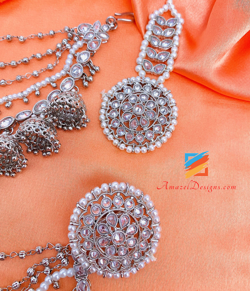 Borchie Polki Argento Con Strato Di Jhumkis Set Sharas Tikka Staccabile