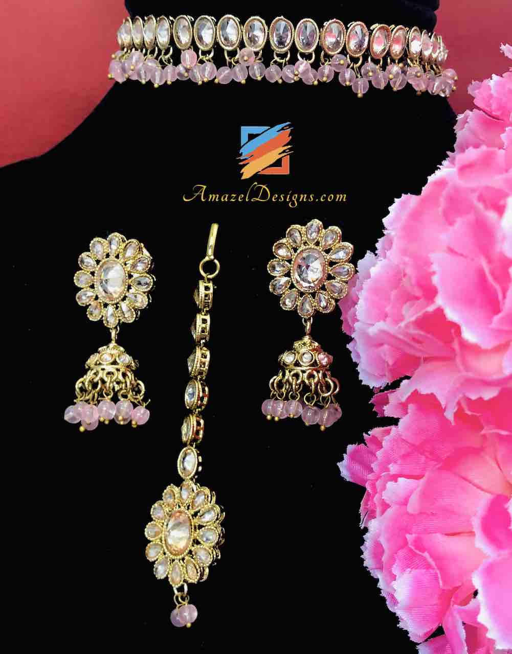 Girocollo Polki a linea singola Orecchini Jhumki Set di perline rosa