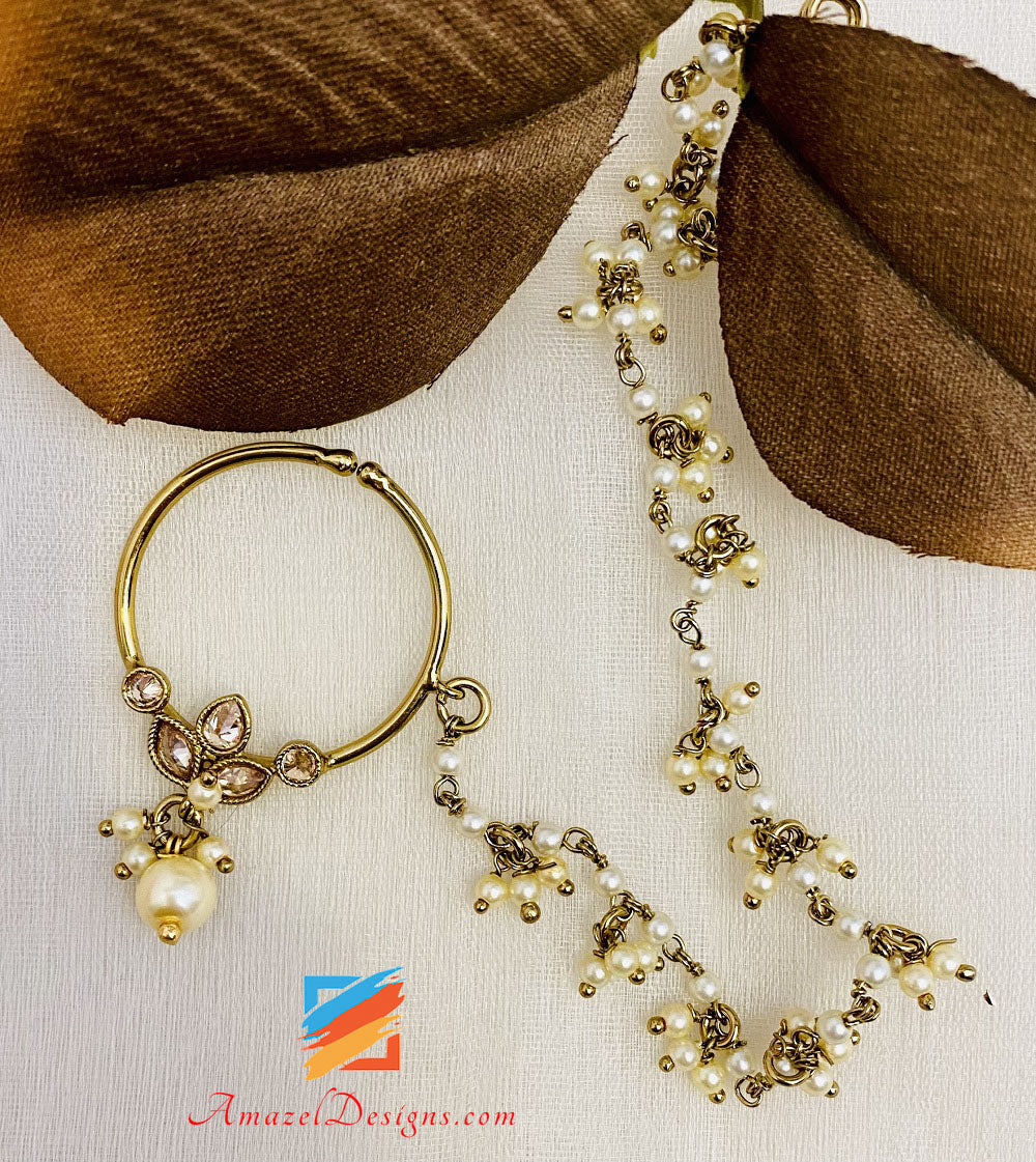Small Polki Nath With Cream Beads