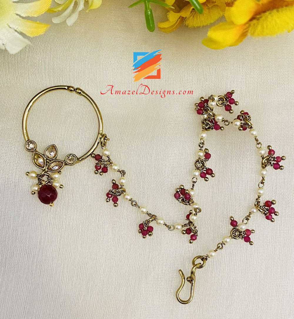 Small Polki Nath With Mehroon Beads