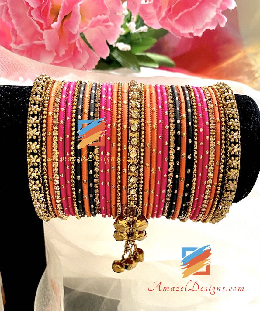 Stone Ghungroo Magenta Orange Black Bangle Set