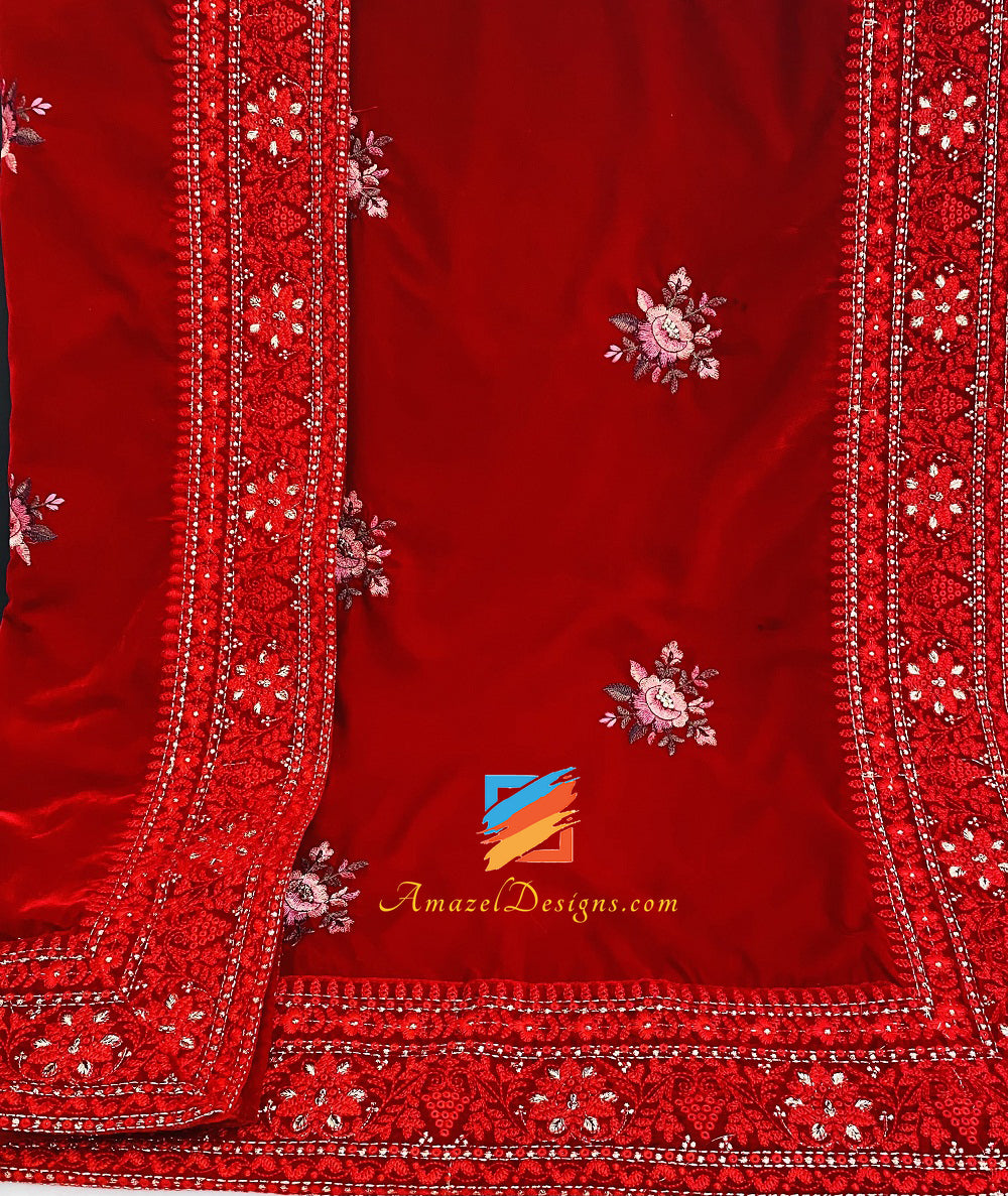 Tilla Thread Work Four Side Border Red Velvet Shawl