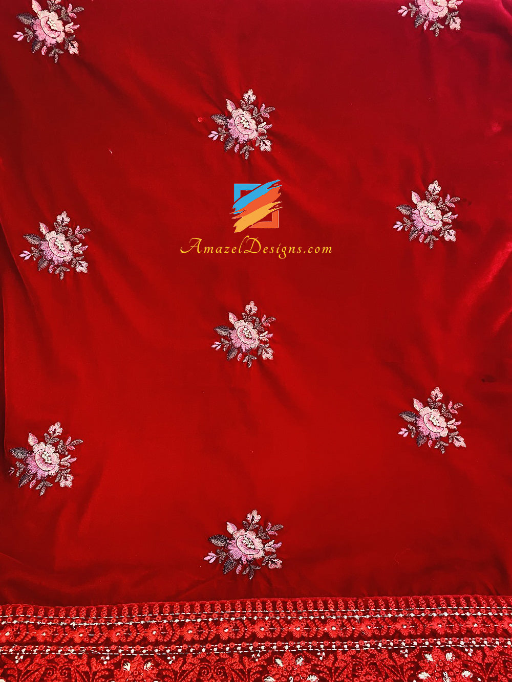 Tilla Thread Work Four Side Border Red Velvet Shawl