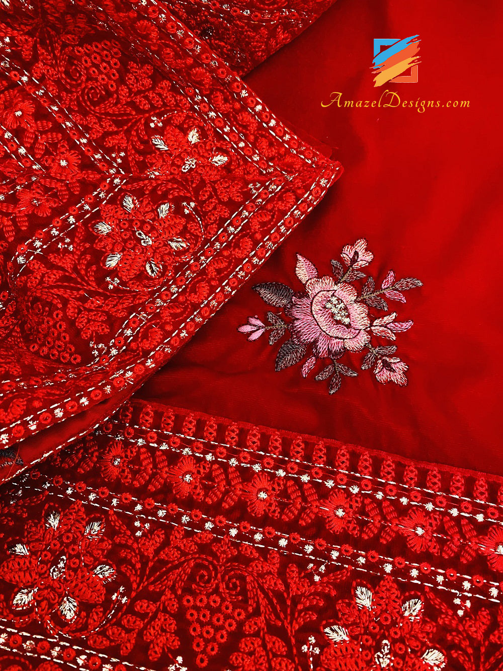 Tilla Thread Work Four Side Border Red Velvet Shawl