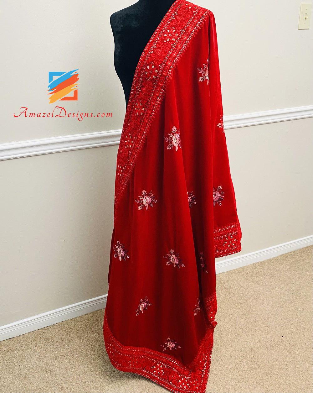 Tilla Thread Work Four Side Border Red Velvet Shawl