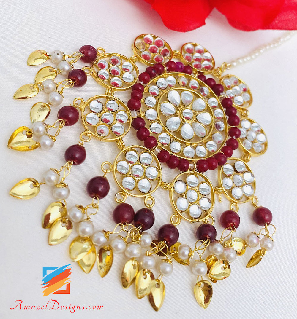 Traditioneller, leichter, rubinroter, kastanienbrauner Pipal Patti Jhumka mit übergroßem Tikka Brampton