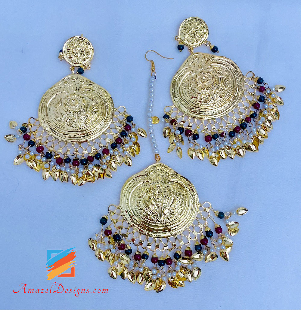 Traditionelles Pippal Patti Super Lightweight Golden mit grün kastanienbraunen Perlen Ohrringe Tikka Set