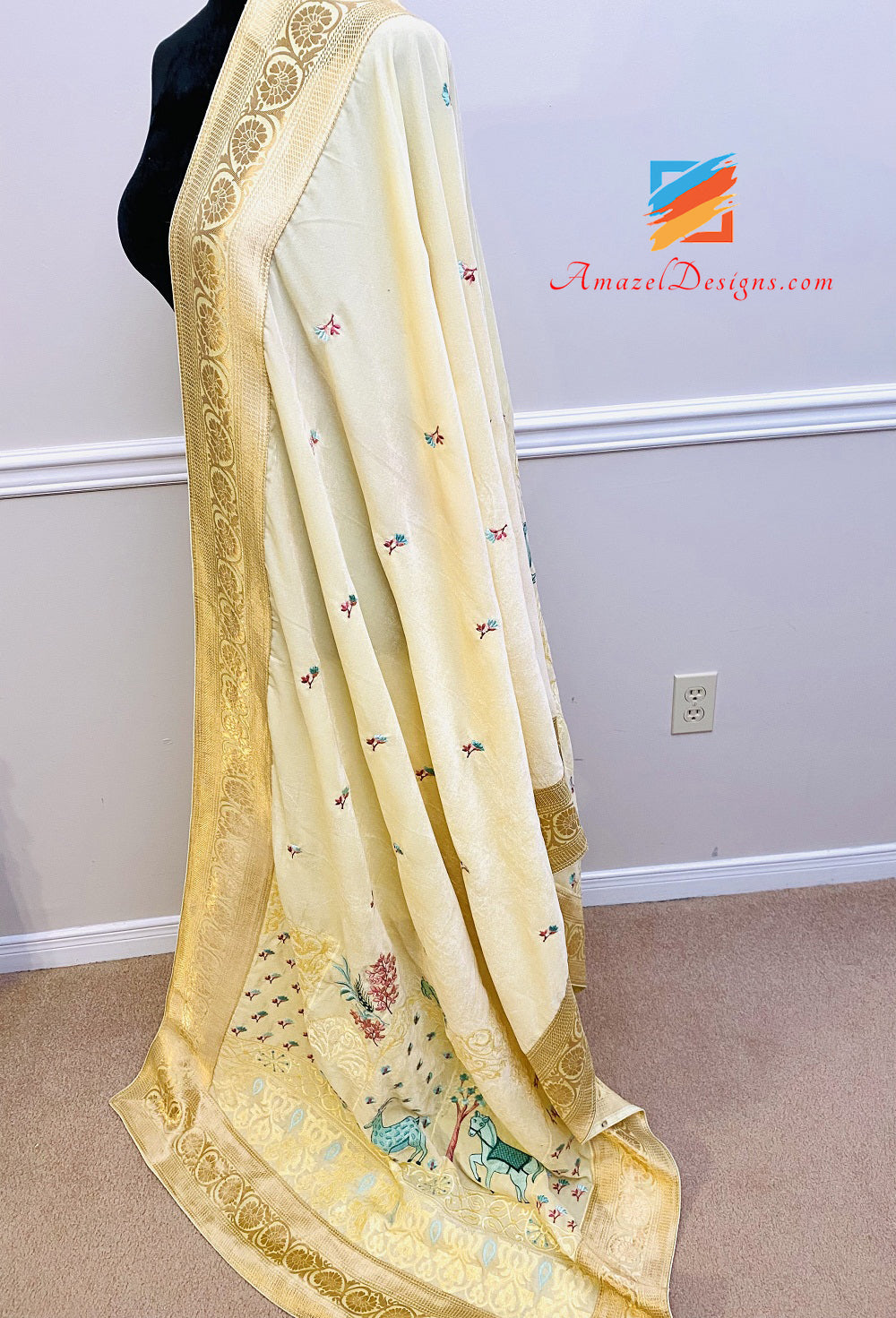 Traditional Touch Lemon 🍋 Yellow Brocade Border Velvet Shawl