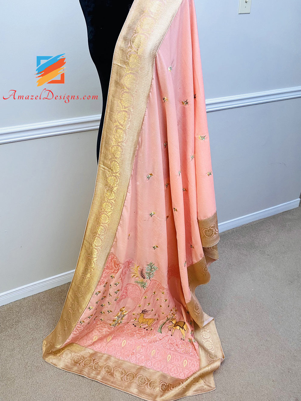 Traditional Touch Peachy Pink Brocade Border Velvet Shawl