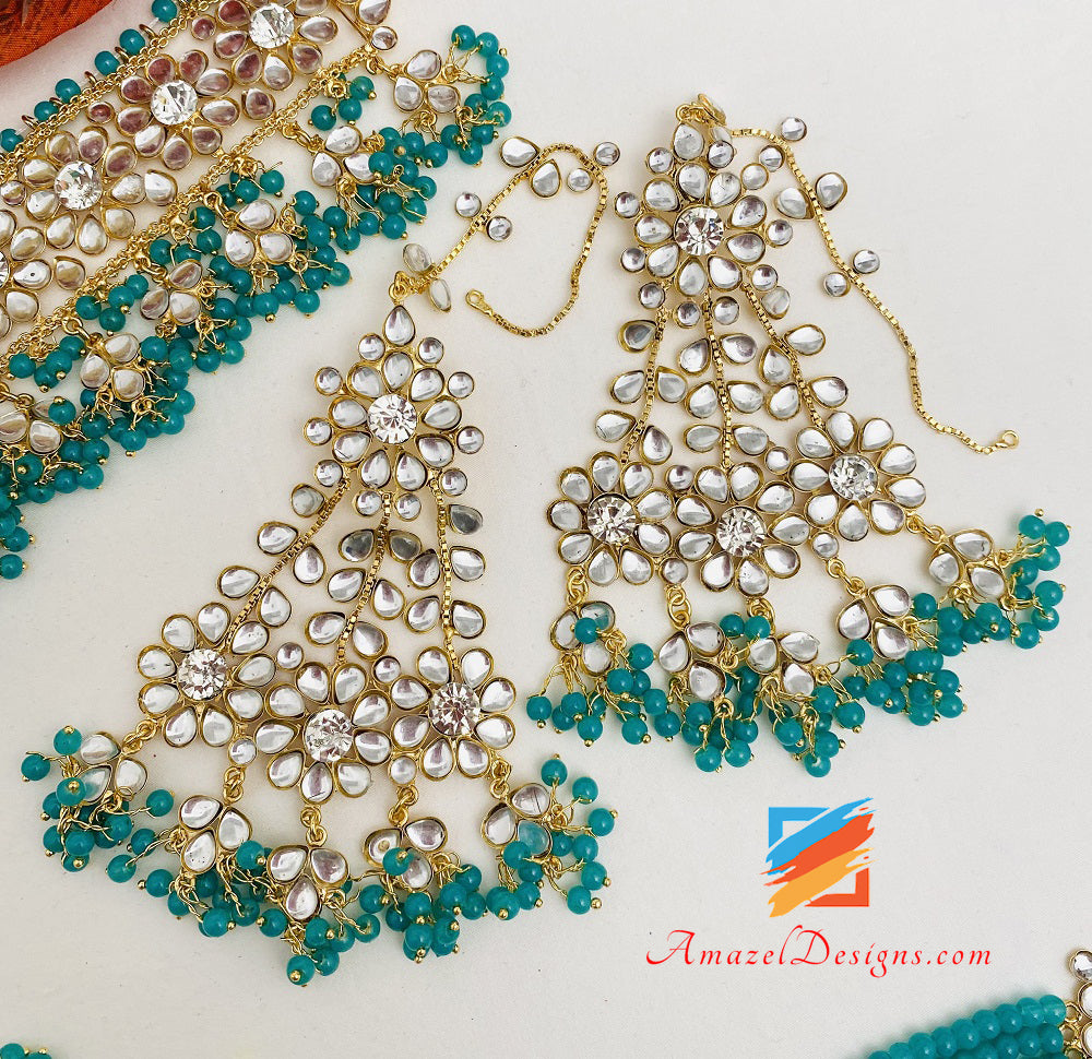 Turquoise Kundan Crystal Lightweight Flexible Choker Earrings Tikka Passa Set