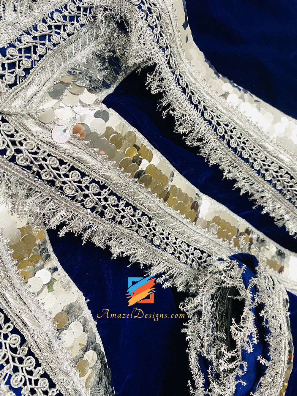 Velluto Blu Scialle Argento Sitara Kirna Vala Gotta Pizzo